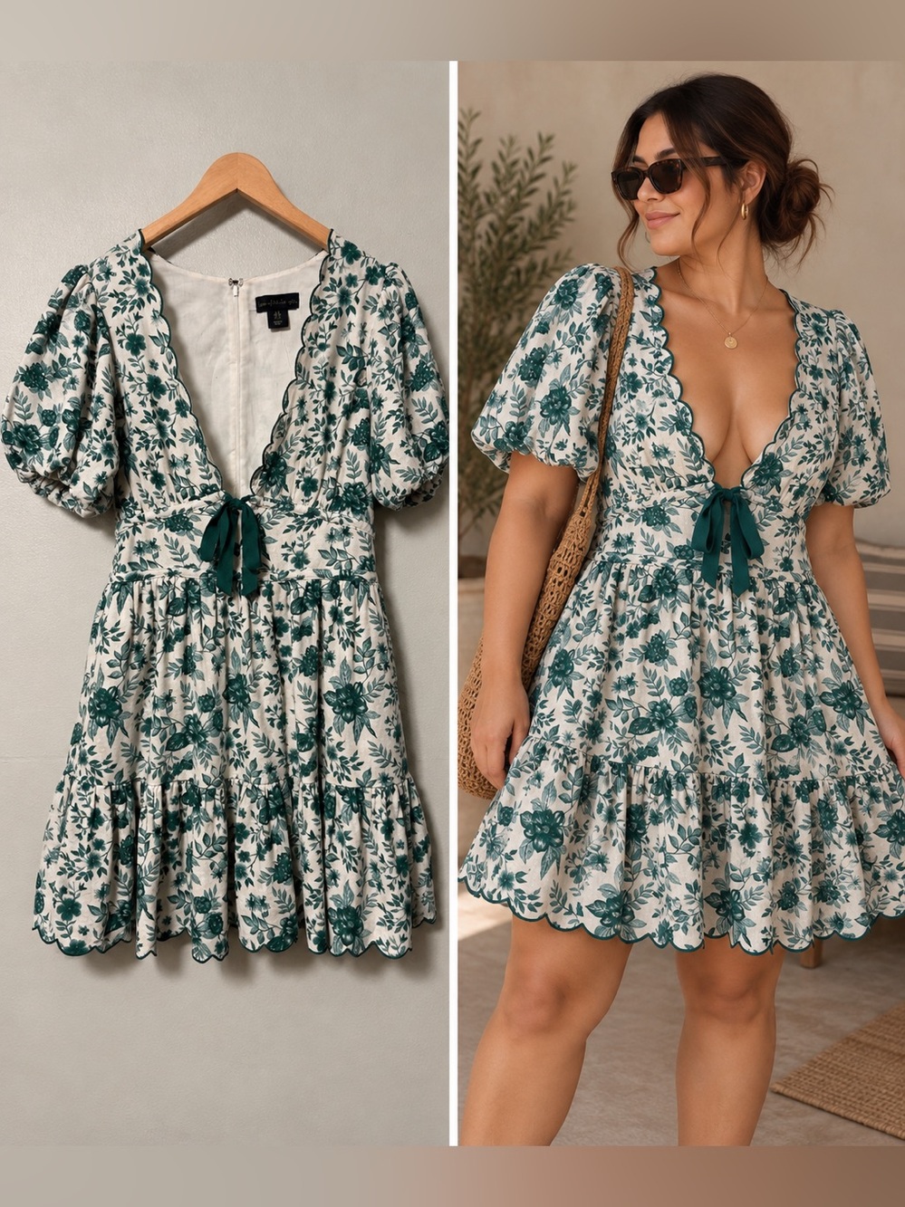House of Harlow 1960 White Green Floral V-Neck Puff Sleeve Mini Dress Zip Sz 8
